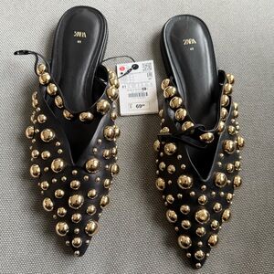 NWT Zara Black and Gold Studded Women's Slide On Flats